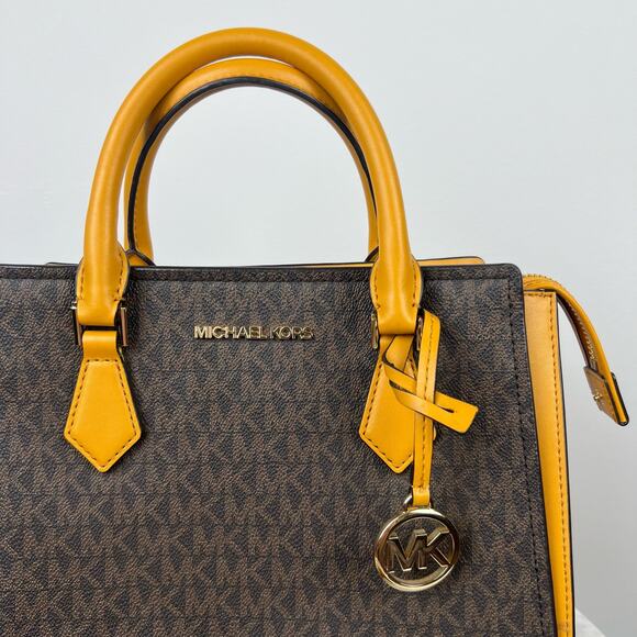 Michael Kors Yellow Leather And Brown Monogram Canvas Hope Satchel - Picture 5 of 12